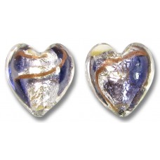2 Murano Glass 14mm White Goldfoiled Aventurine/ Purple Velvet Clear Cased Heart
