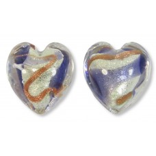 2 Murano Glass 14mm White Goldfoiled Aventurine/ Purple Velvet Clear Cased Heart 2 Murano Glass 14mm White Goldfoiled Aventurine/ Purple Velvet Clear Cased Heart
