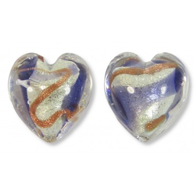 2 Murano Glass 14mm White Goldfoiled Aventurine/ Purple Velvet Clear Cased Heart 2 Murano Glass 14mm White Goldfoiled Aventurine/ Purple Velvet Clear Cased Heart