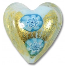 1 Murano Glass Latticino Millefiore Heart Sky Blue/ 24kt Gold Foiled