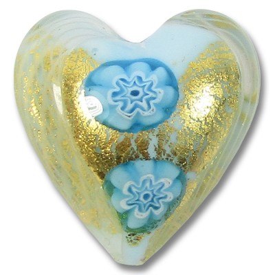 1 Murano Glass Latticino Millefiore Heart Sky Blue/ 24kt Gold Foiled 1 Murano Glass Latticino Millefiore Heart Sky Blue/ 24kt Gold Foiled