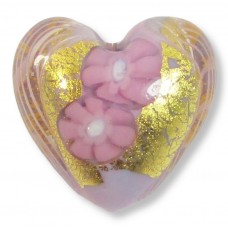 1 Murano Glass Latticino Millefiore 20mm Heart Rose 24kt Gold Foiled