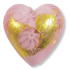 1 Murano Glass Latticino Millefiore 20mm Heart Rose 24kt Gold Foiled