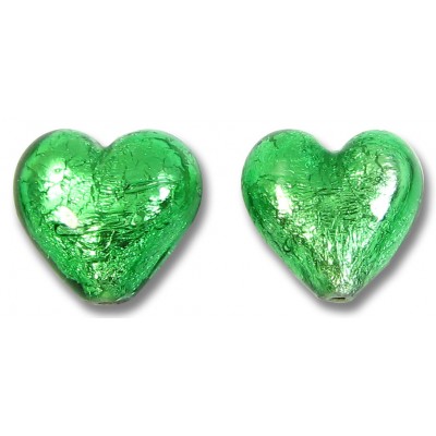 2 Murano Glass Silverfoil Emerald 14mm Heart Beads 2 Murano Glass Silverfoil Emerald 14mm Heart Beads