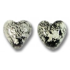 2  Murano Glass Crackle White Gold Foiled over Black 10mm Heart Beads