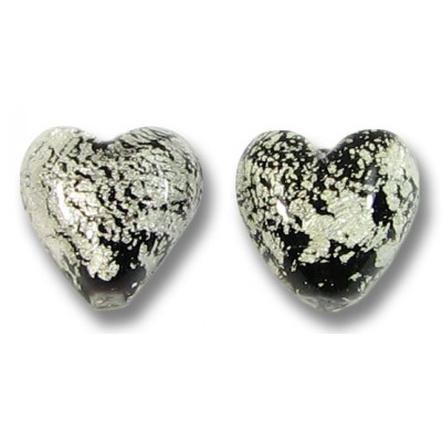 2  Murano Glass Crackle White Gold Foiled over Black 10mm Heart Beads