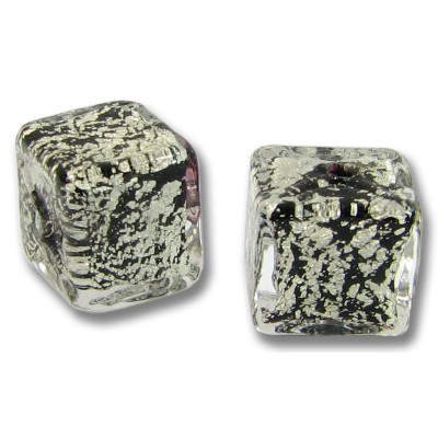 2 Murano Glass Crackle White Gold Foiled over Black 8mm Cube Beads
