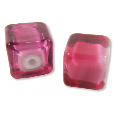 2 Murano Glass Raspberry White Core 8mm Cube Beads - Dark