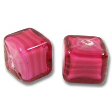 2 Murano Glass Raspberry White Core 8mm Cube Beads