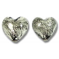 2 Murano Glass Crackle White Gold Foiled over Black 14mm Heart Beads