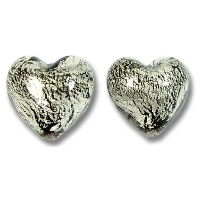 2 Murano Glass Crackle White Gold Foiled over Black 14mm Heart Beads