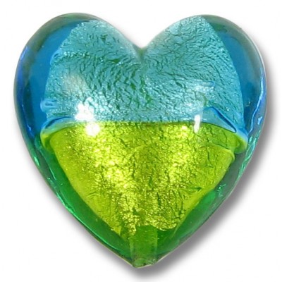 1 Murano Glass White Gold Foiled Bicolour 20mm Heart Aquamarine/ Lime