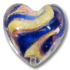 1 Murano Glass White Core 20mm Heart with 24kt Yellow Gold Foil Cobalt Blue & Ruby w Clear Casing