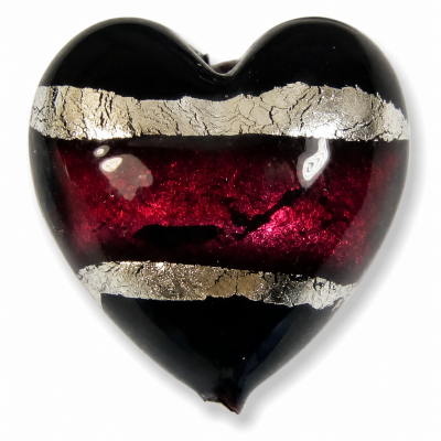 1 Murano Glass Black with White Goldfoil and Ruby Stripe 20mm Heart