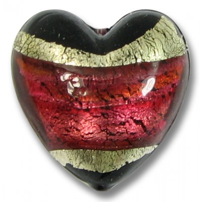 1 Murano Glass Black with White Goldfoil and Ruby Stripe 20mm Heart