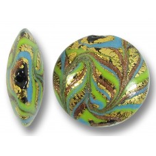 1 Murano Glass Goldfoiled Feathered Spring Green Aqua Gold Aventurine 26mm Lentil