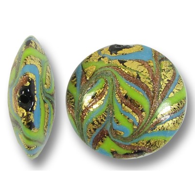 1 Murano Glass Goldfoiled Feathered Spring Green Aqua Gold Aventurine 26mm Lentil