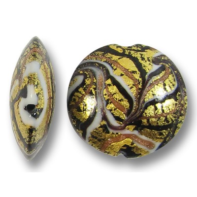 1 Murano Glass Goldfoiled Feathered White Black and Gold Aventurine 26mm Lentil