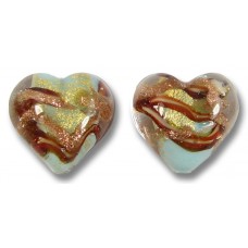 2 Murano Glass Russet / Aquamarine Aventurine Goldfoil 12mm Heart Beads