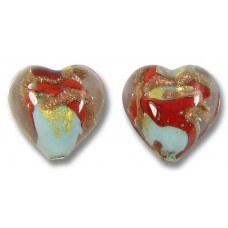 2 Murano Glass Red / Aquamarine Aventurine Goldfoil 12mm Heart Beads