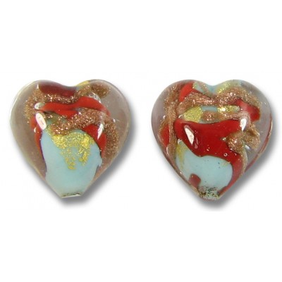 2 Murano Glass Red / Aquamarine Aventurine Goldfoil 12mm Heart Beads