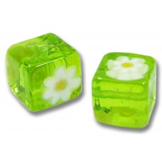 2 Murano Glass Lime and White Millefiore 8mm Cube Beads 