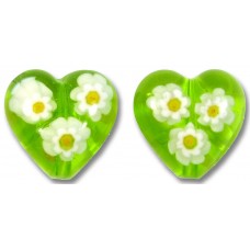 2 Murano Glass Lime and White Millefiore 14mm Heart Beads 