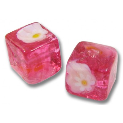 2 Murano Glass Rosy Ruby Pink Millefiore Millefiore 8mm Cube Beads 