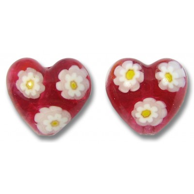 2 Murano Glass Rosy Ruby Pink Millefiore 14mm Heart Beads 