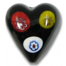1 Murano Glass Black with Multicoloured Millefiore 20mm Heart Bead