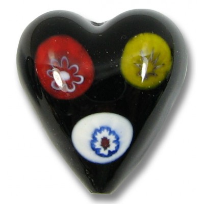 1 Murano Glass Black with Multicoloured Millefiore 20mm Heart Bead