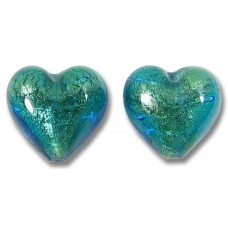 2 Murano Glass Kingfisher Goldfoil 14mm Heart Beads
