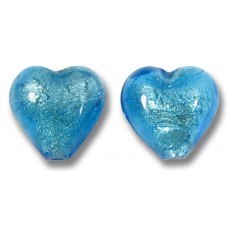 2 Murano Glass Dark Aquamarine White Gold Foiled 10mm Heart Beads