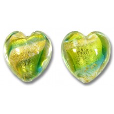 2 Murano Glass 24kt Gold Foil Lime Aqua 14mm Heart Beads