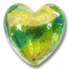 1 Murano Glass 24kt Gold Foil Lime Aqua 20mm Heart Bead