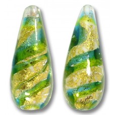 1 Murano Glass 24kt Gold Foil Lime Aqua 28mm Drop Bead