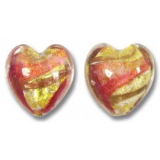 2 Murano Glass 24kt Gold Foil Rose and Ruby 14mm Heart Beads