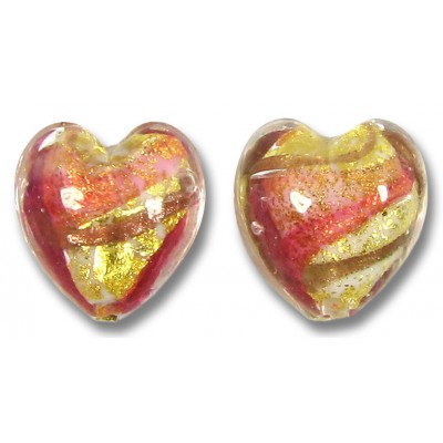 2 Murano Glass 24kt Gold Foil Rose and Ruby 14mm Heart Beads