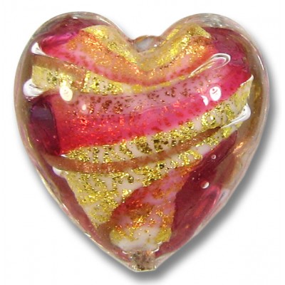 1 Murano Glass 24kt Gold Foil Rose and Ruby 20mm Heart Bead