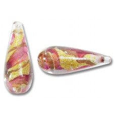 1 Murano Glass 24kt Gold Foil Rose and Ruby 28mm Drop Bead