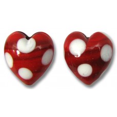 2 Murano Glass Red and White Spotted 14mm Heart Beads