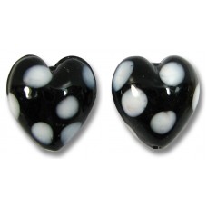 2 Murano Glass Black and White Spotted 14mm Heart Beads