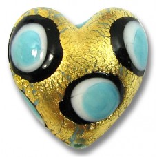 1 Murano Glass Turquoise, Black and White Goldfoil Spotted 20mm Heart Bead