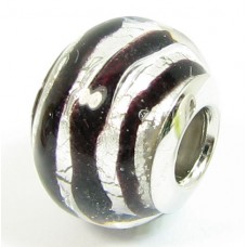 1 Murano Glass Pandora Compatible Black Spiral Silverfoil 14mm Bead with Sterling Silver Core