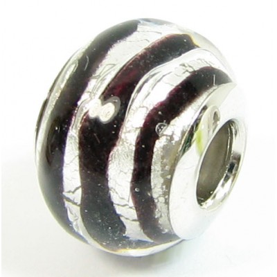 1 Murano Glass Pandora Compatible Black Spiral Silverfoil 14mm Bead with Sterling Silver Core