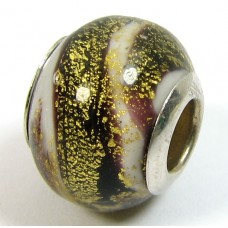 1 Murano Glass Pandora Compatible Black and White Goldfoil 14mm Bead with Sterling Silver Core