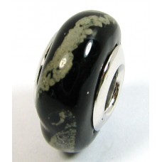 1 Murano Glass Pandora Compatible Black with Grey Trails 14mm Bead with Sterling Silver Core