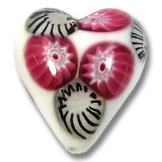 1 Murano Glass White with Ruby Black Millefiore 20mm Heart
