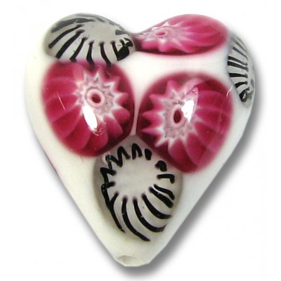 1 Murano Glass White with Ruby Black Millefiore 20mm Heart