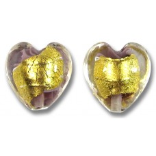 2 Murano Glass Light Amethyst 24kt Goldfoil Clear Cased 14mm Hearts